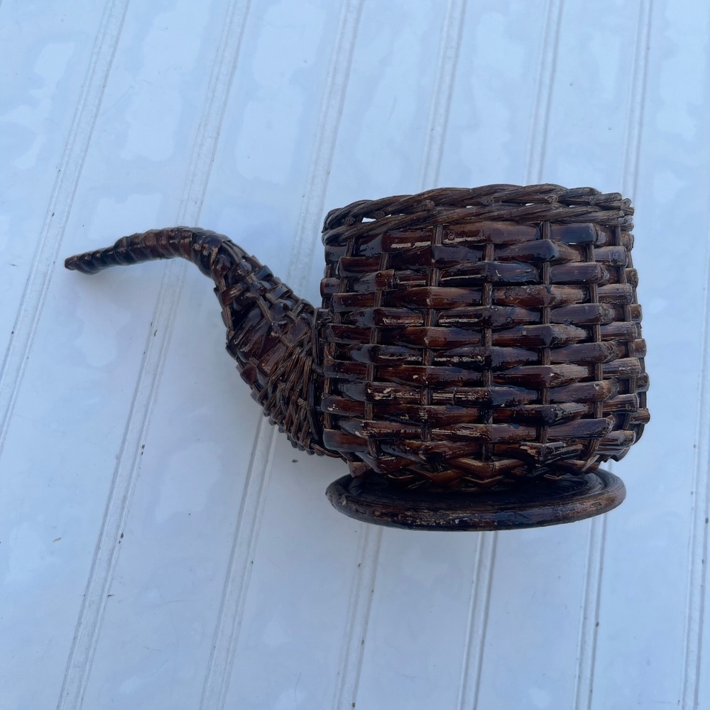 Vintage Dark Brown Wicker Smoking Pipe Shaped Basket Novelty Decor Wood Base